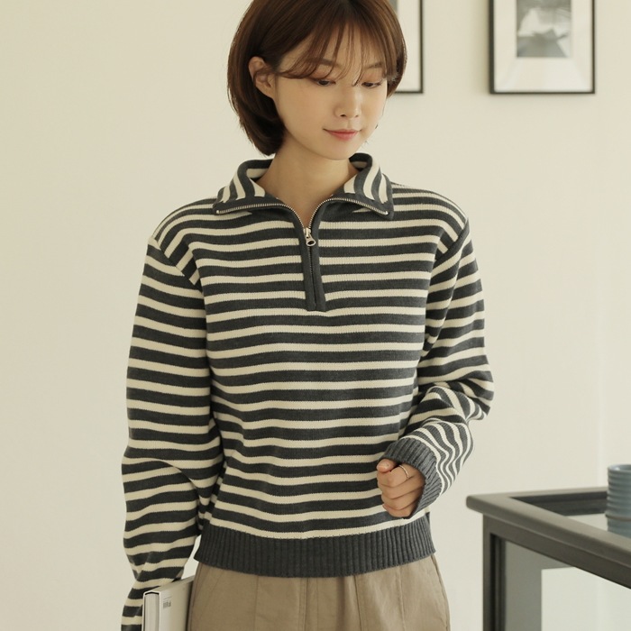 [韓国ファッション] ボーダー柄 ハーフジップニット