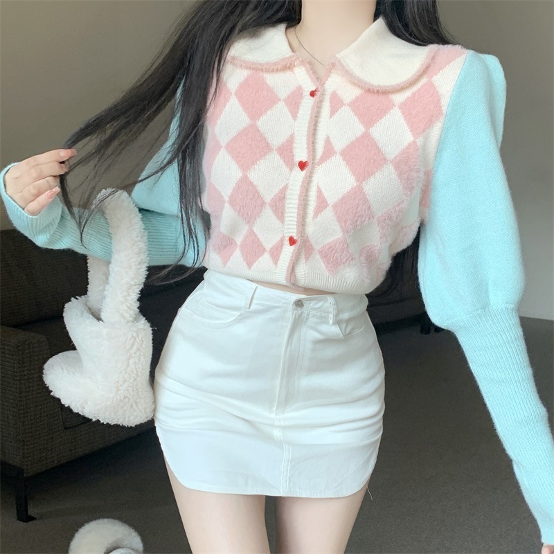 【送料無料】レディース ニット トップス アーガイル ハート パフスリーブ 長袖