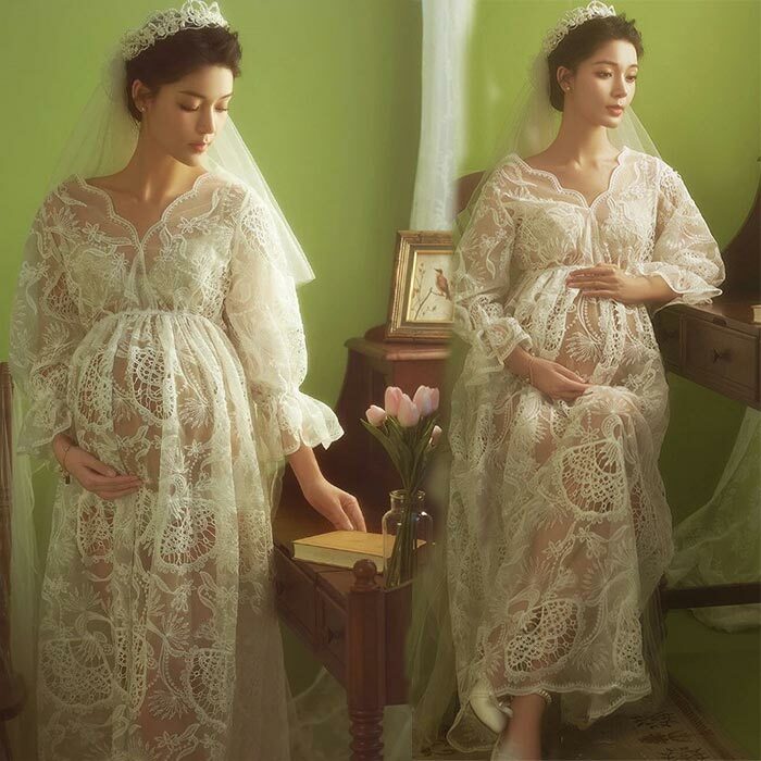 【急速出荷!】マタニティ ドレス マタニティフォト 記念 撮影 写真 レース 長袖 上品 おしゃれ きれいめ 刺繍 レース ロング丈