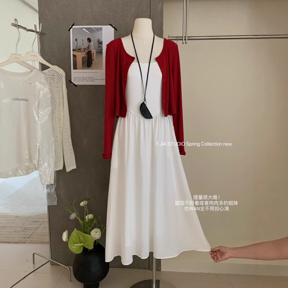 Y.jia Yijia Knitted Cardigan Jacket + French Gentle White Suspender Dress Dress Two-piece Set For Wo