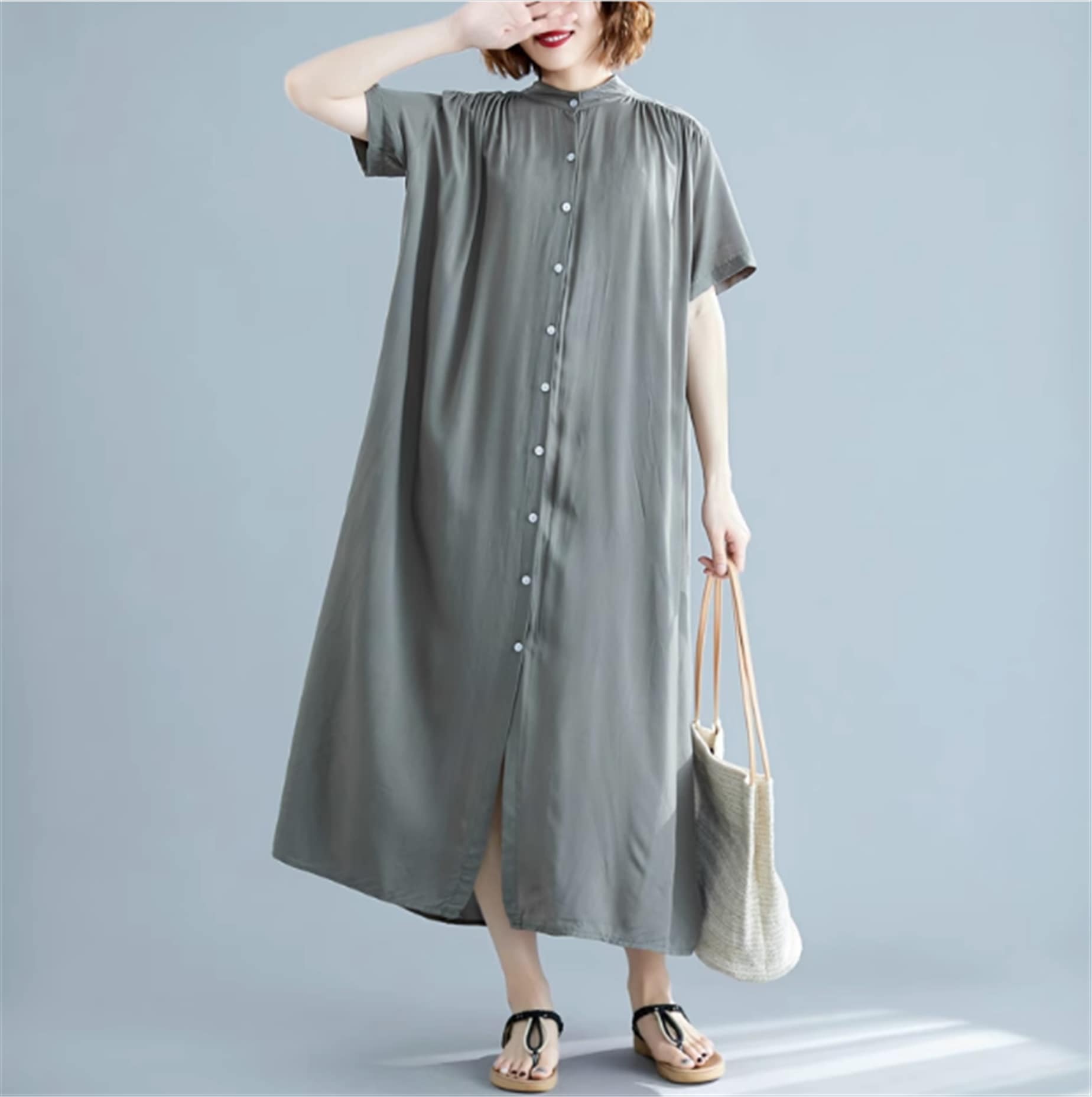 ワンピース シャツワンピース ロング丈 半袖 クルーネック 前開き 大人可愛い きれいめ シンプル カジュアル 大人女子 こなれ感 存在感 夏 10代 20代 30代 40代 レディース ママ 学生