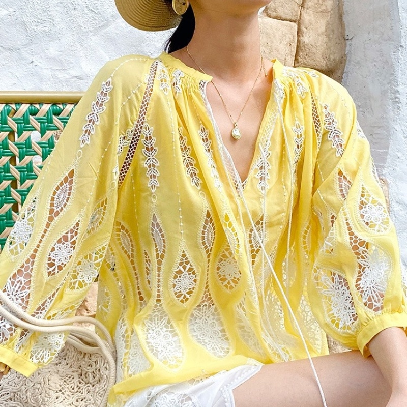 2025新品 シャツブラウス 刺繍 長袖 刺繍シャツ レジャービーチ風 シャツブラウス011