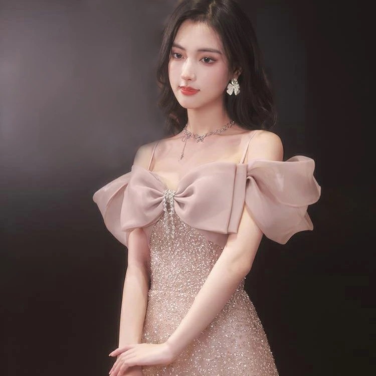 イブニングドレス オフショルダー ピンク リボン 可愛い 発表会ドレス ロングドレス Aライン キラキラドレス スパンコール 発表会 パーティードレス ロング イブニングドレス S M L XL XX