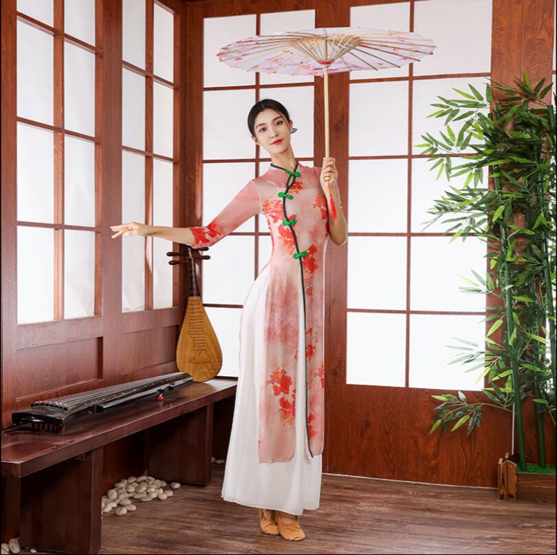 古典舞踊衣装チャイナドレス紗衣女印紙弾力修身風民族舞踊