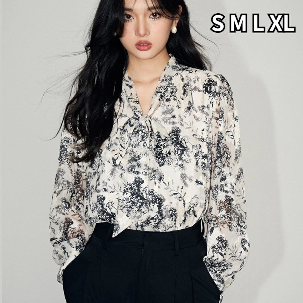 トップス ボウタイ ブラウス シャツ シルク混 リボン プリント エレガント レディース きれいめ カジュアル おしゃれ 長袖 大人 可愛い フェミニン クラシカル かっこいい 通勤 オフィス 体型カ 5,839円