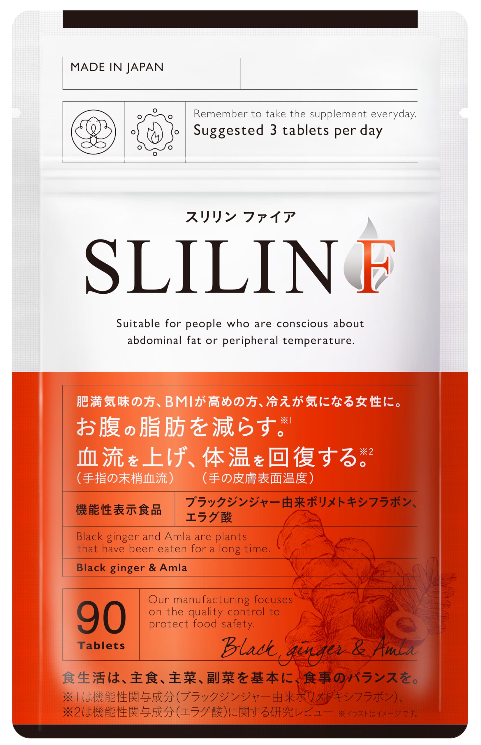 スリリンファイア SLILIN F (1袋 90粒) 温活 脂肪燃焼 皮下脂肪 ブラックジンジャー サプリ エラグ酸 基礎代謝 サポート 生姜 日本製 国産 減らす サプリメント 燃焼系