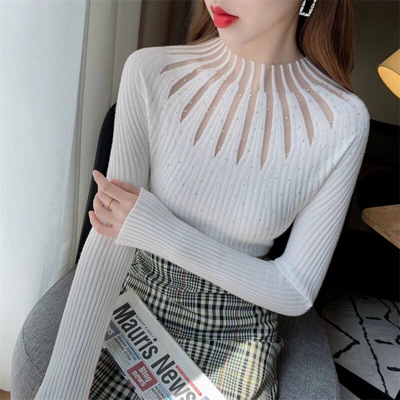 トップス ニット セーター 長袖 萌袖 スリム 細身 フェミニン 韓国風 ラインストーン 透け感 シースルー リブニット かわいい 大人可愛い きれいめ 上品 おしゃれ こなれ感 個性的 エレガント