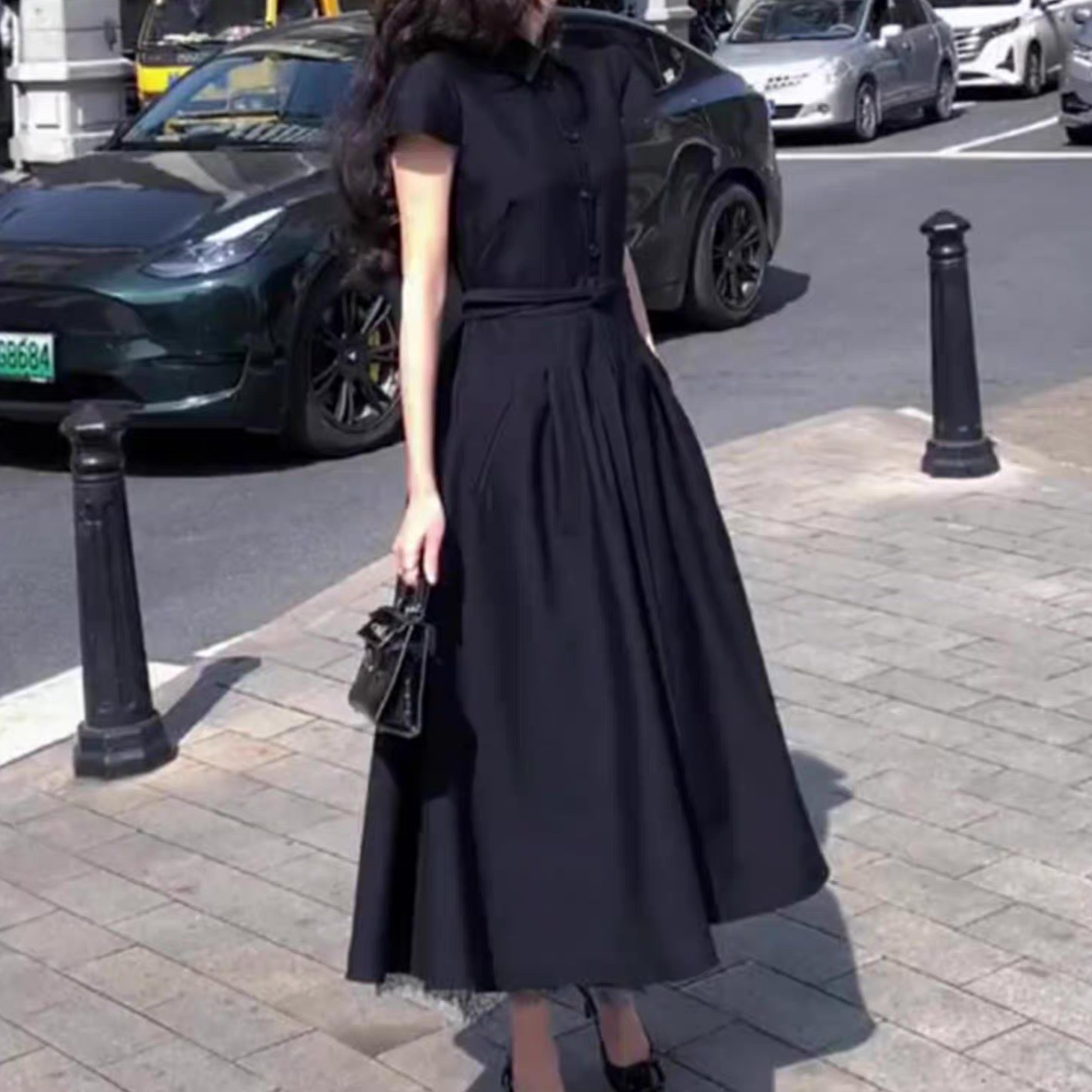 ワンピース レディース シャツワンピ フレア ロング 半袖 Vネック 襟付き 角襟 Aライン フェミニン ウエストマーク ウエストリボン バックリボン きれいめ シンプル カジュアル 上品 おしゃれ