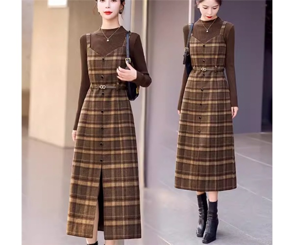 二点セット ツーピース レディース トップス ワンピース プルオーバー セットアップ ウール ロングスカート 長袖 ラウンドネック Aライン ベルト ウエストマーク ファスナー ハイウエスト