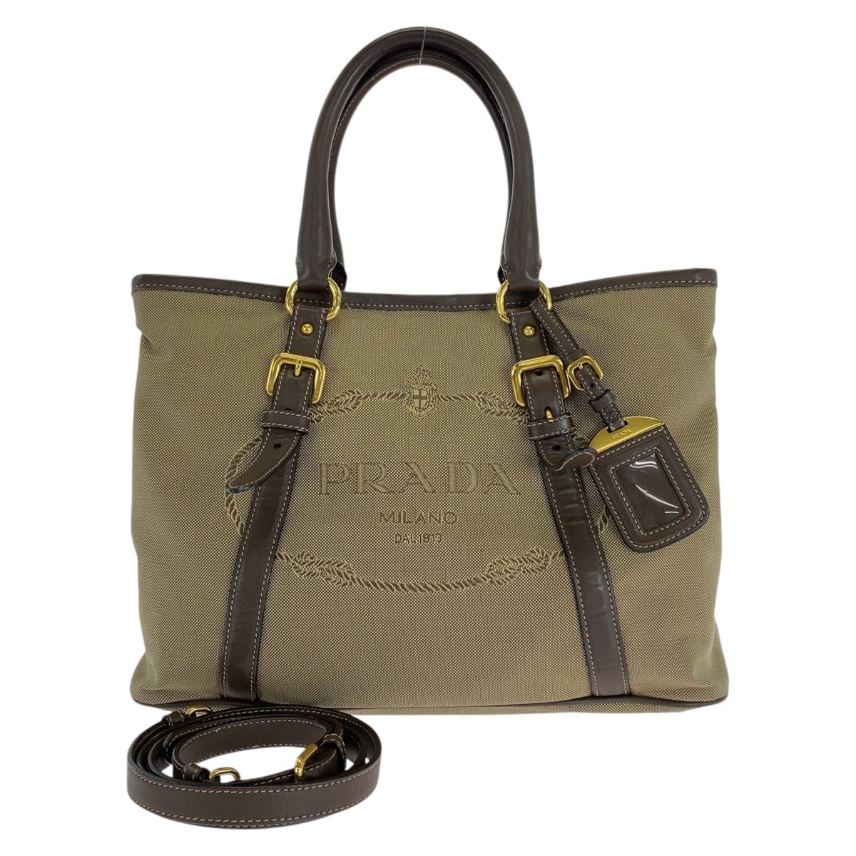 美品 ロゴジャガード 三角ロゴプレート カーキ ブラウン ゴールド金具 キャンバス/レザー トートバッグ ショルダーバッグ レディース 501496