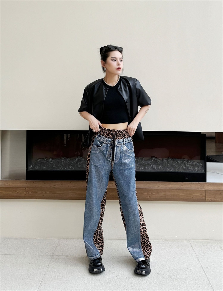 激安セール レトロ ギャル ヒョウ柄 ハイウエスト ストレートパンツ ロングパンツ カジュアルパンツ デニムパンツ スラックス アメリカン ジーンズ