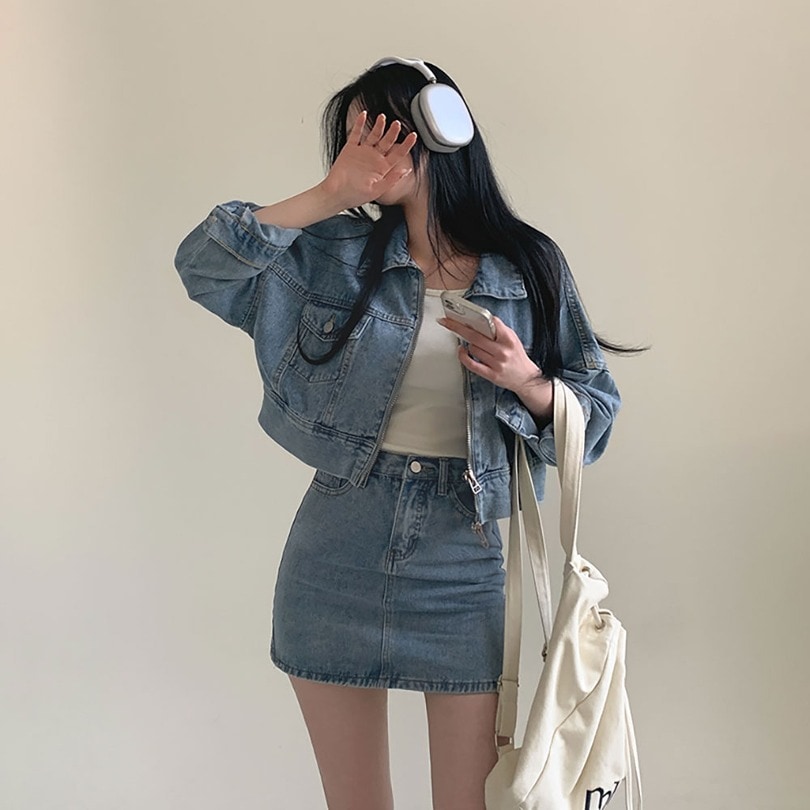 韓国の女性ファッション/ [2color] ビンテージデニムジャケット+スカートセットアップ op1245
