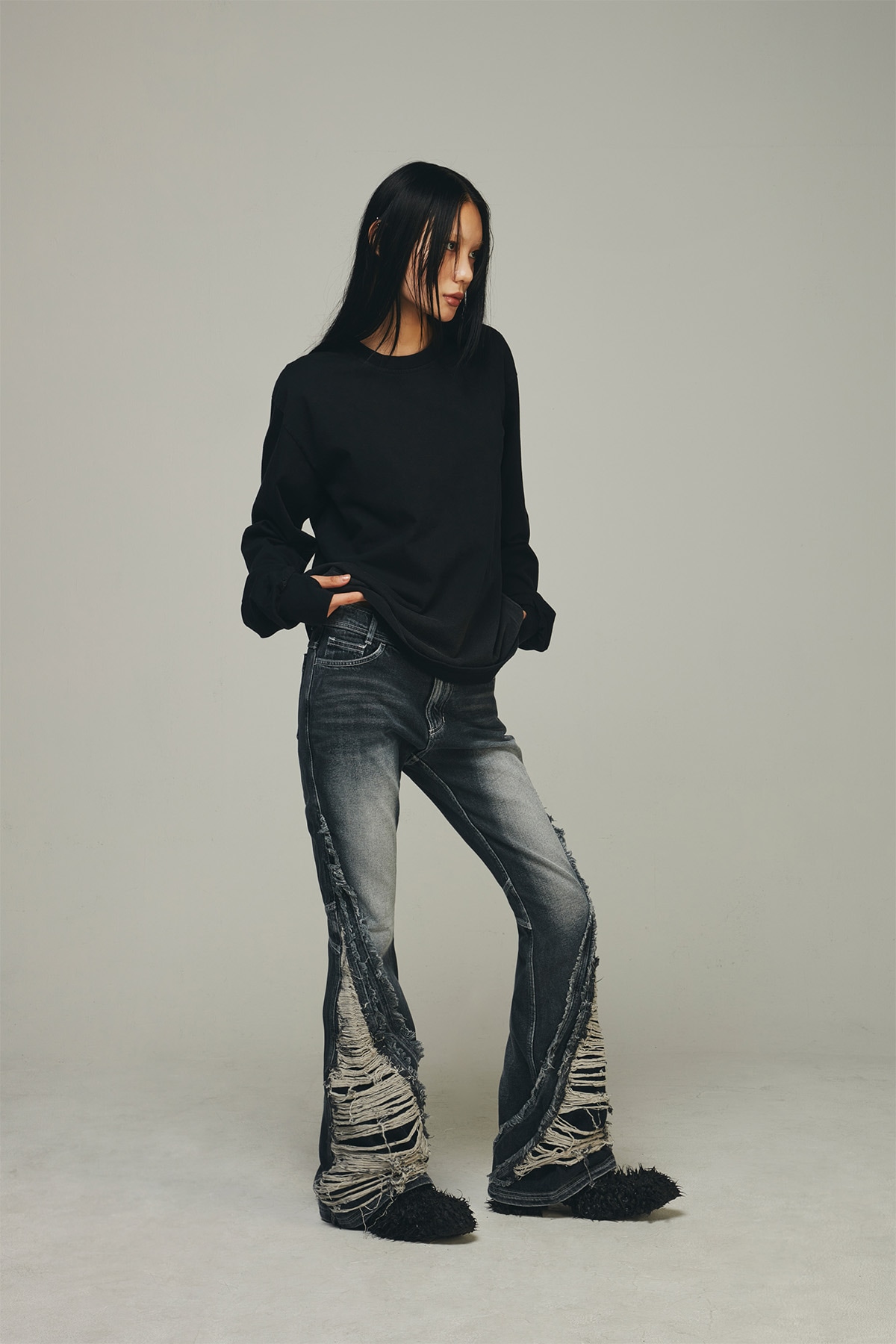 【BLR】 DESTROYED CRUSH DOUBLE LINE WASHING DENIM PANTS BLUE