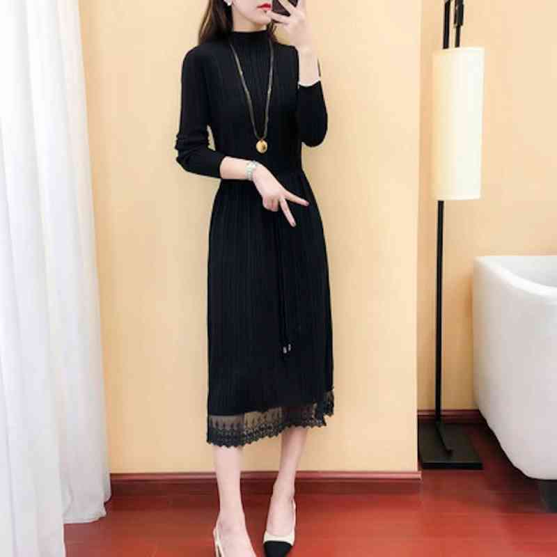 ワンピース レディース Aライン ネック 大人 韓国 秋 安い 大きいサイズ きれいめ 20代 スカート ロング 黒 白 40代 アウトドア 厚手 かわいい しっかり ニット 体感 人気 前開き トッ