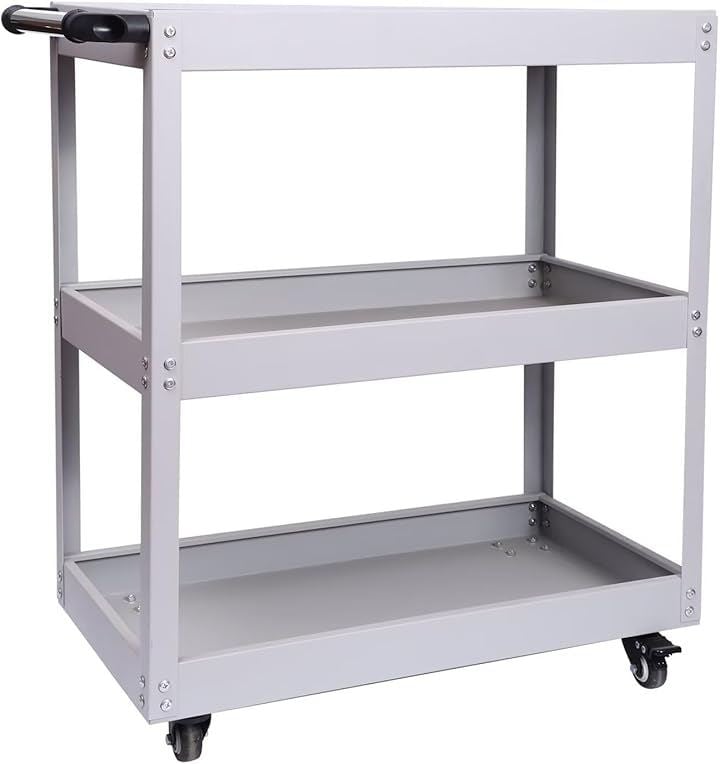 ツールワゴン 3段 キャスター付 耐荷重150KG 業務用 ハンドル ドライバーホール付 スチール製 工具ワゴン (グレー)