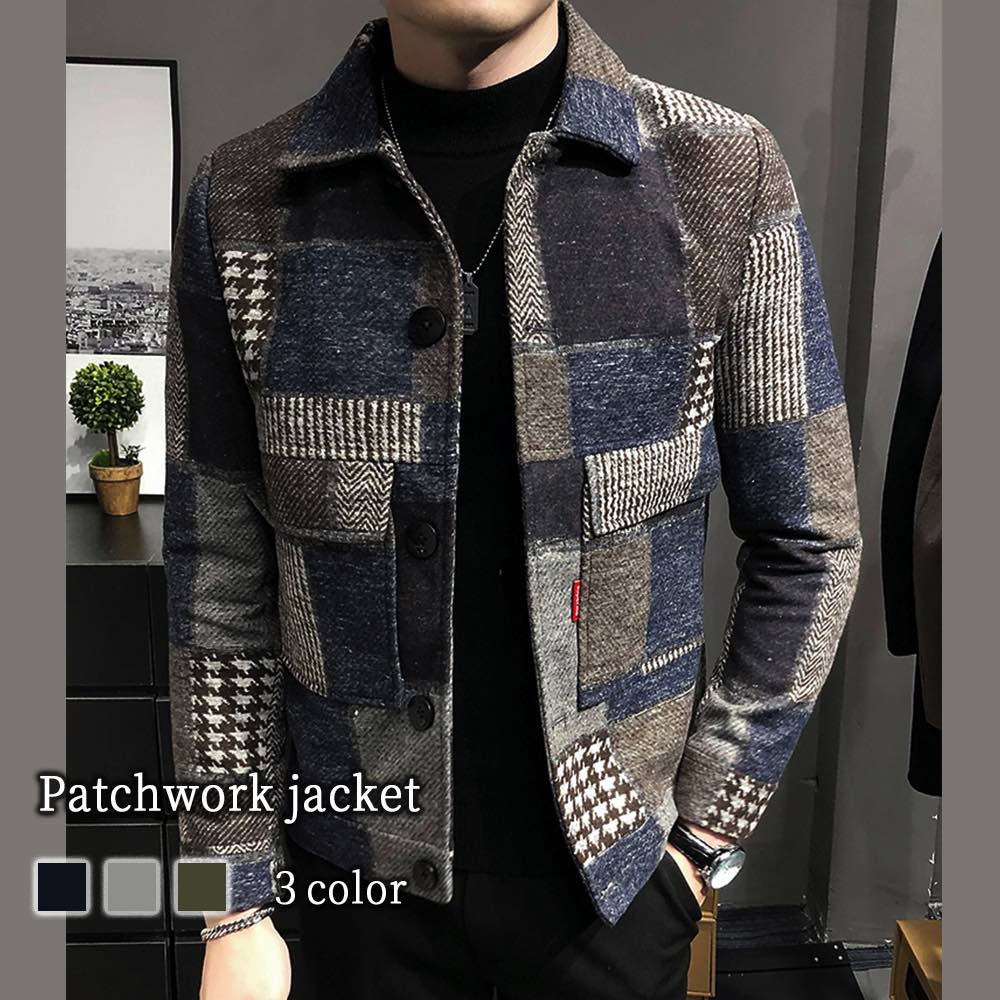 ステンカラーコート メンズ パッチワークジャケット ブランド ウール 丈 トレンチコート 秋 ロングコート 40代 ミドル アウター ビジネス 厚手 春 ファスナー ピーコート セール コート ショー