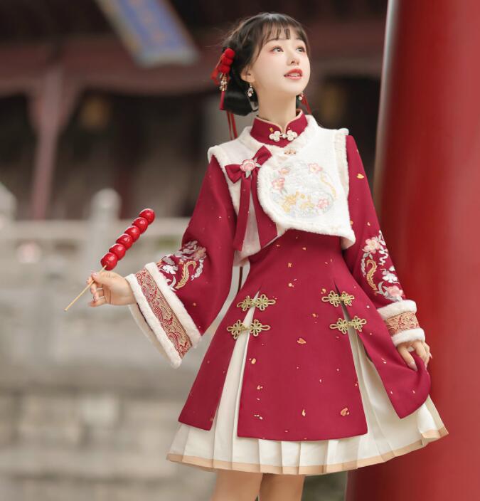 漢風 ロリータ服 ロリータワンピース 女性 チャイナ服 元日 新年祝い 衣装 プレゼント ドレス＋スカート＋ 3点セット 中華服 秋冬 コスプレ衣装 かわいい 漢風ドレス 改良版漢服