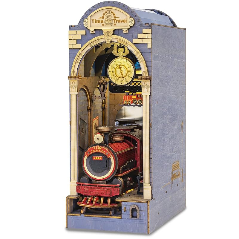 【国内即発】Robotime 3D ウッドパズル DIY 木製 ブックヌークキット ブックスタンド LEDライト付き ミニチュアハウスキット クリスマス 誕生日プレゼント (タイムトラベル)