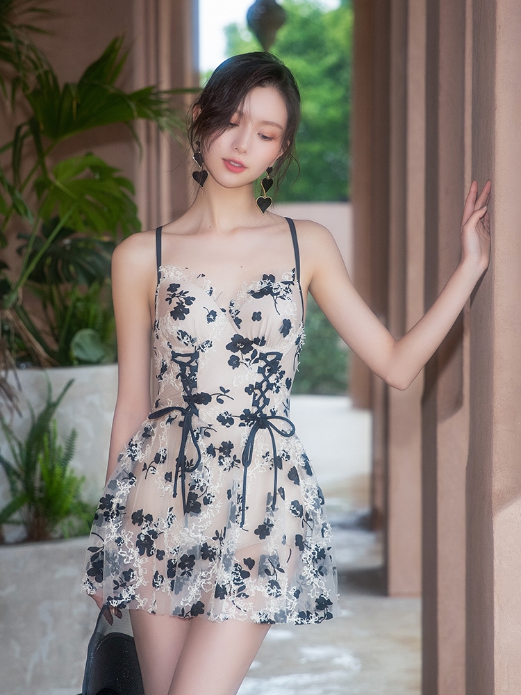 水着 ワンピース水着 スカート ワンピース パッド付き レース 刺繍 バックリボン 透け感