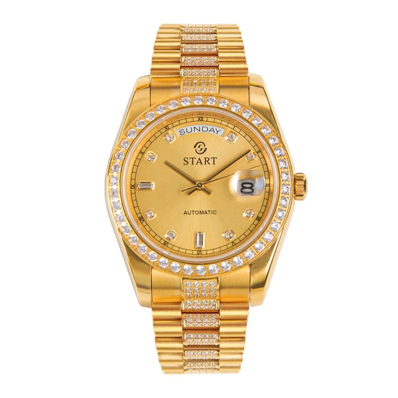 メンズ腕時計スイスの全自動機械式ムーブメント防水日付週機能メタル時計バタフライ バックル ストラップゴールデン時計