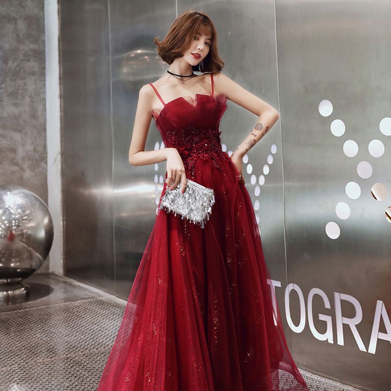 乾杯花嫁 2025 結婚婚約お返しバーガンディ宴会ドレスレディースロングスタイル日常着用可能