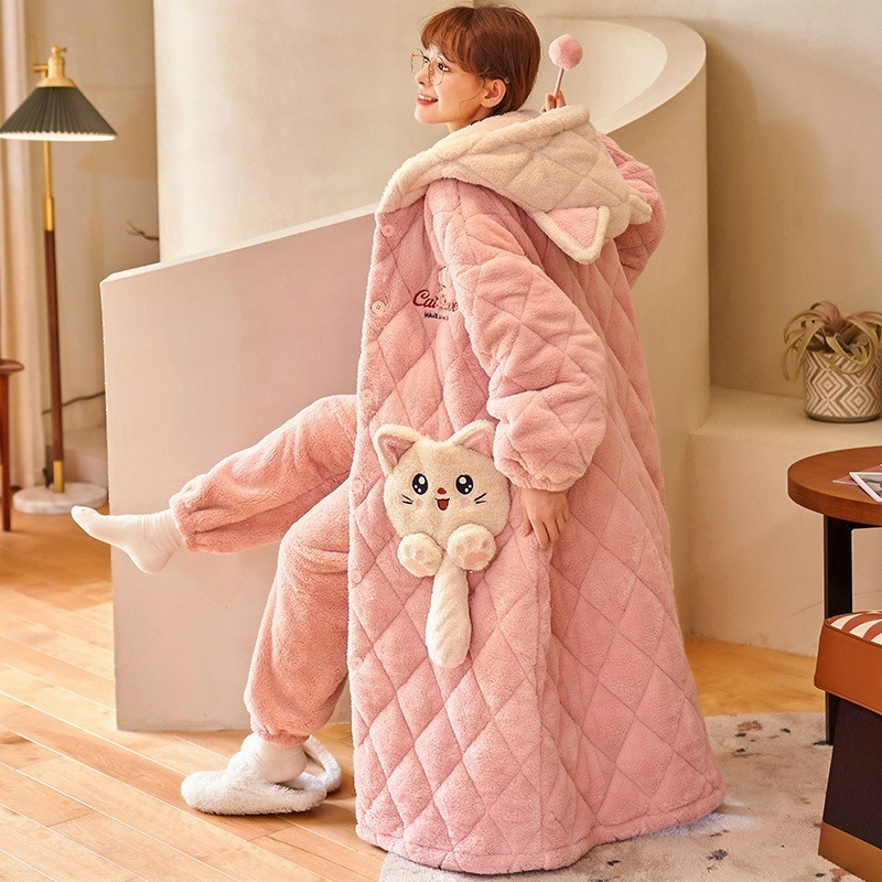 着ぐるみルームウェア部屋着 セットアップ 長袖着ぐるみパジャマコーラルフリースパジャマ女性漫画肥厚三層パッド入りパジャマ冬フランネルポケット新しいホーム服セット