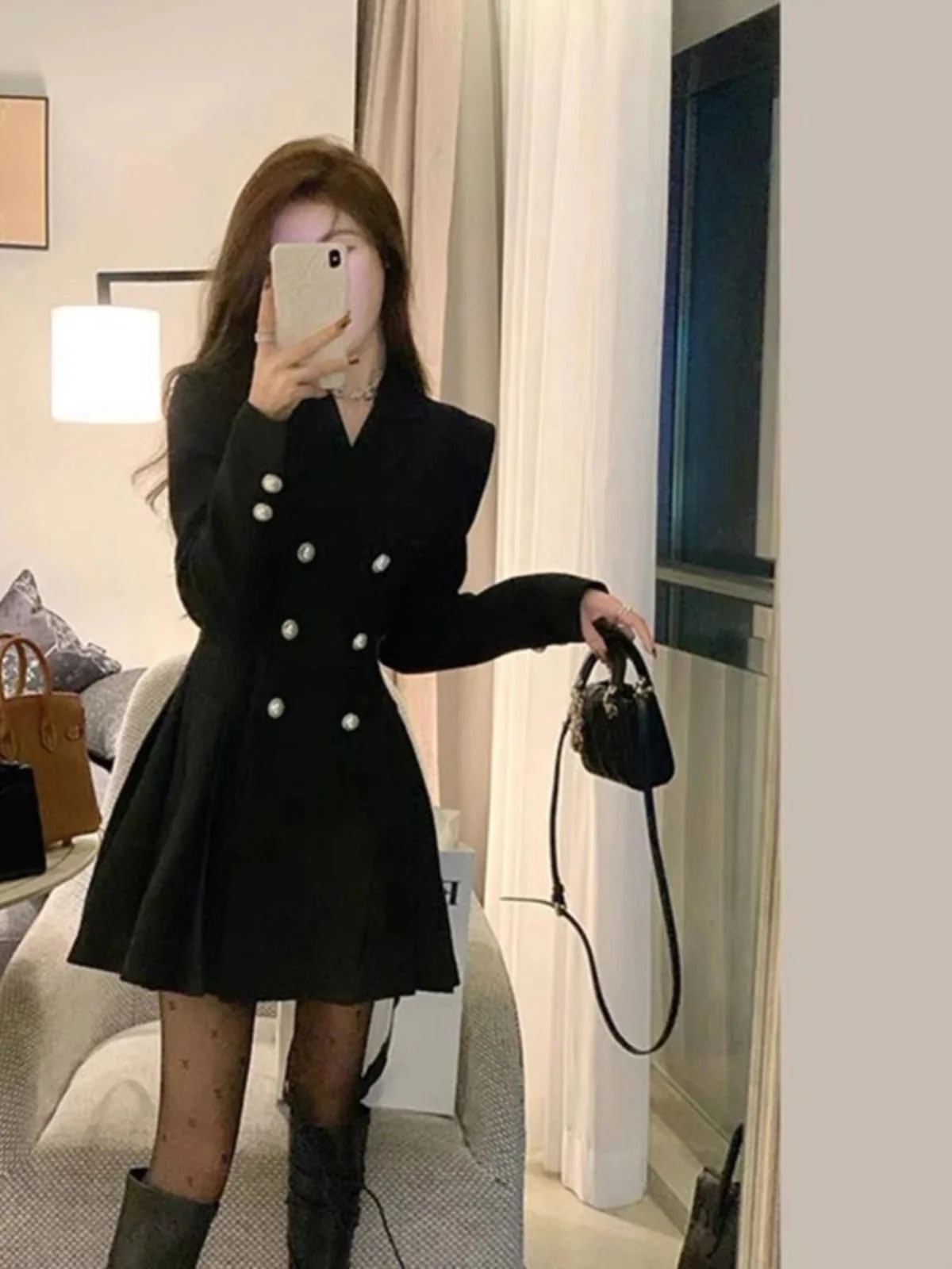 しいプチティーブレークフレンチスパイスガールヘップバーンスタイルニッチブラックスーツドレス子