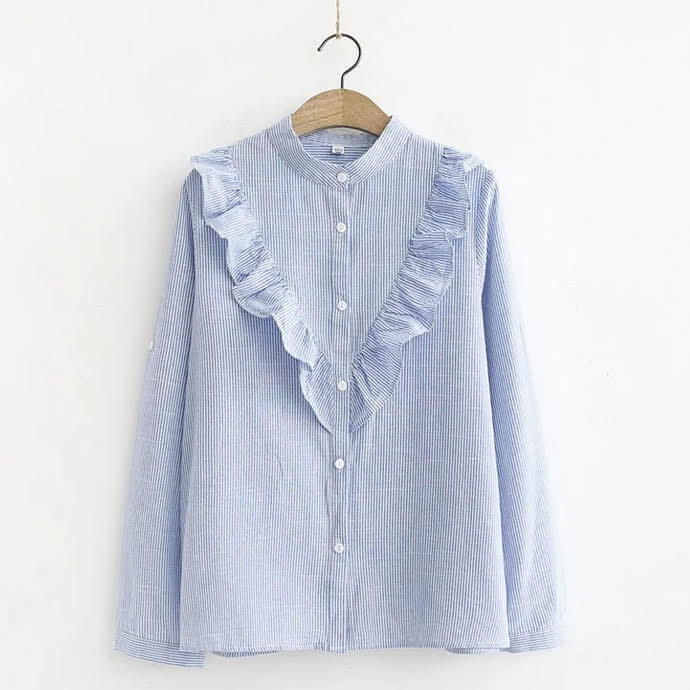 レディース トップス シャツ 長袖 スタンドカラー フリル ストライプ ボタン 前開き 薄手 ルーズ きれいめ 上品 おしゃれ お洒落 大人可愛い かっこいい 大人女子 カジュアル シンプル