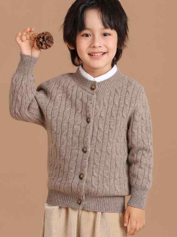 カーディガン キッズ ベビー 男女兼用 秋冬 厚手 ケーブル編み ウール100% ニット あったか 暖かい 防寒 肌触りソフト クルーネック ボタン 羽織り 通園 通学 イエロー ピンク ベ