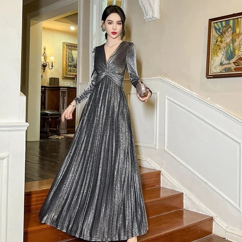 ワンピース ドレス パーティードレス Vネック ロングワンピース 韓国 ワンピース プリーツ ウエスト引き締め セクシー 披露宴 結婚式 演奏会 ウェディング 二次会 発表会 タイトワンピース