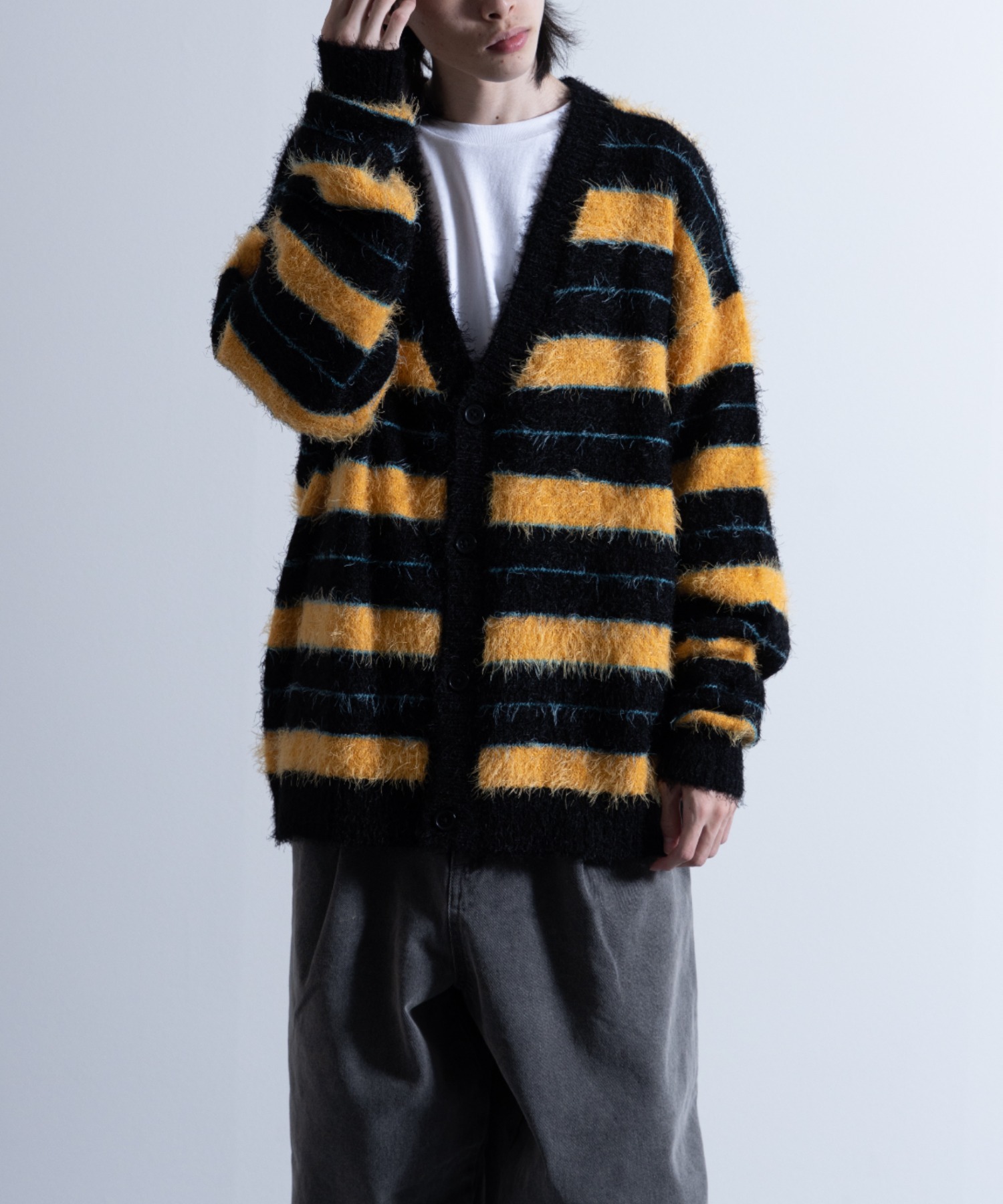 Shaggy Solid/Border Loose V-neck Knit Cardigan / シャギー 無地/ボーダー柄 ルーズ Vネック ニットカーディガン