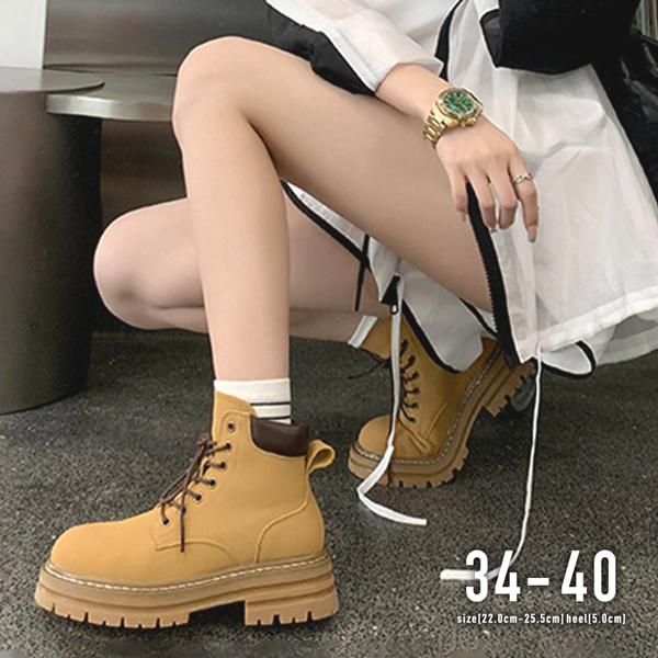 ショートブーツ 厚底 レースアップ ワークブーツ マウンテンブーツ おしゃれ トレンド 上品 カジュアル / 厚底マーティンブーツ
