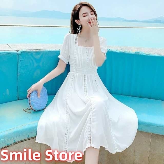 マキシワンピース 半袖ワンピース ワンピース スクエアネック 春夏新作 結婚式ドレス旅行 オシャレ韓国風 レディース フレアスカート 40代 大人 白レース