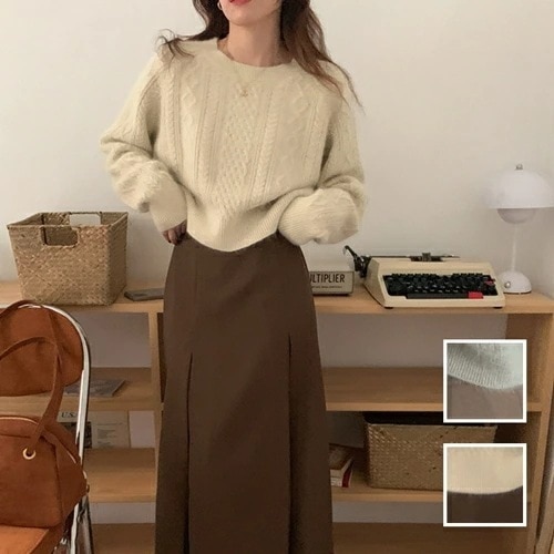 カジュアルセットアップスカートセットアップ 韓国 ファッション レディース 秋 冬 カジュアル コーデ シンプル 定番 セレカジ 20代 30代 40代 2025 モヘア風 ケーブルニット プリ