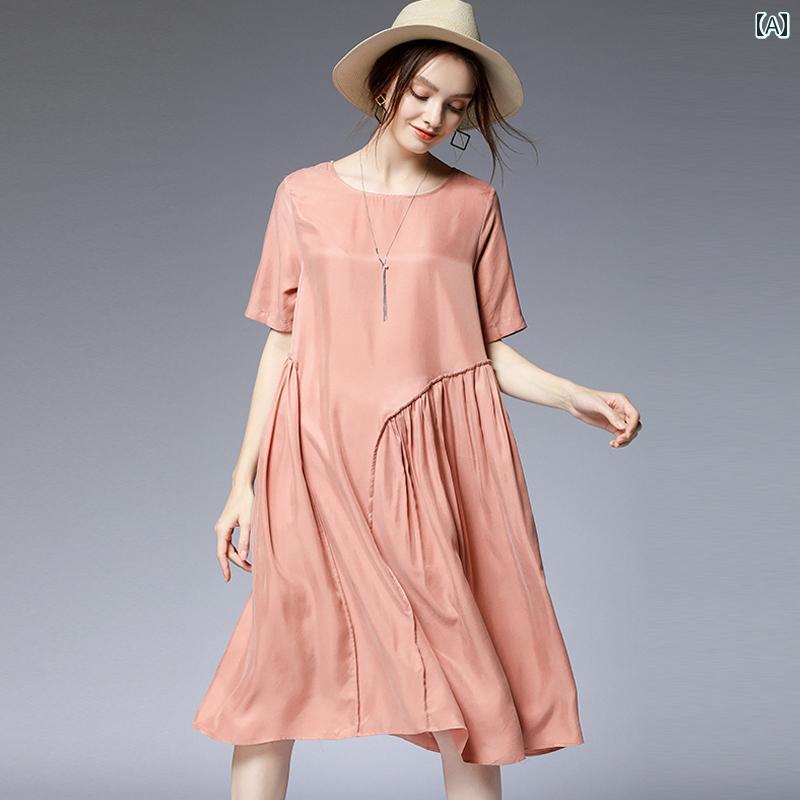 ワンピース 大きめ 無地 ラウンドネック おしゃれ エレガント プルオーバー 上品 体型カバー スリミング Aライン レディース 大人かわいい