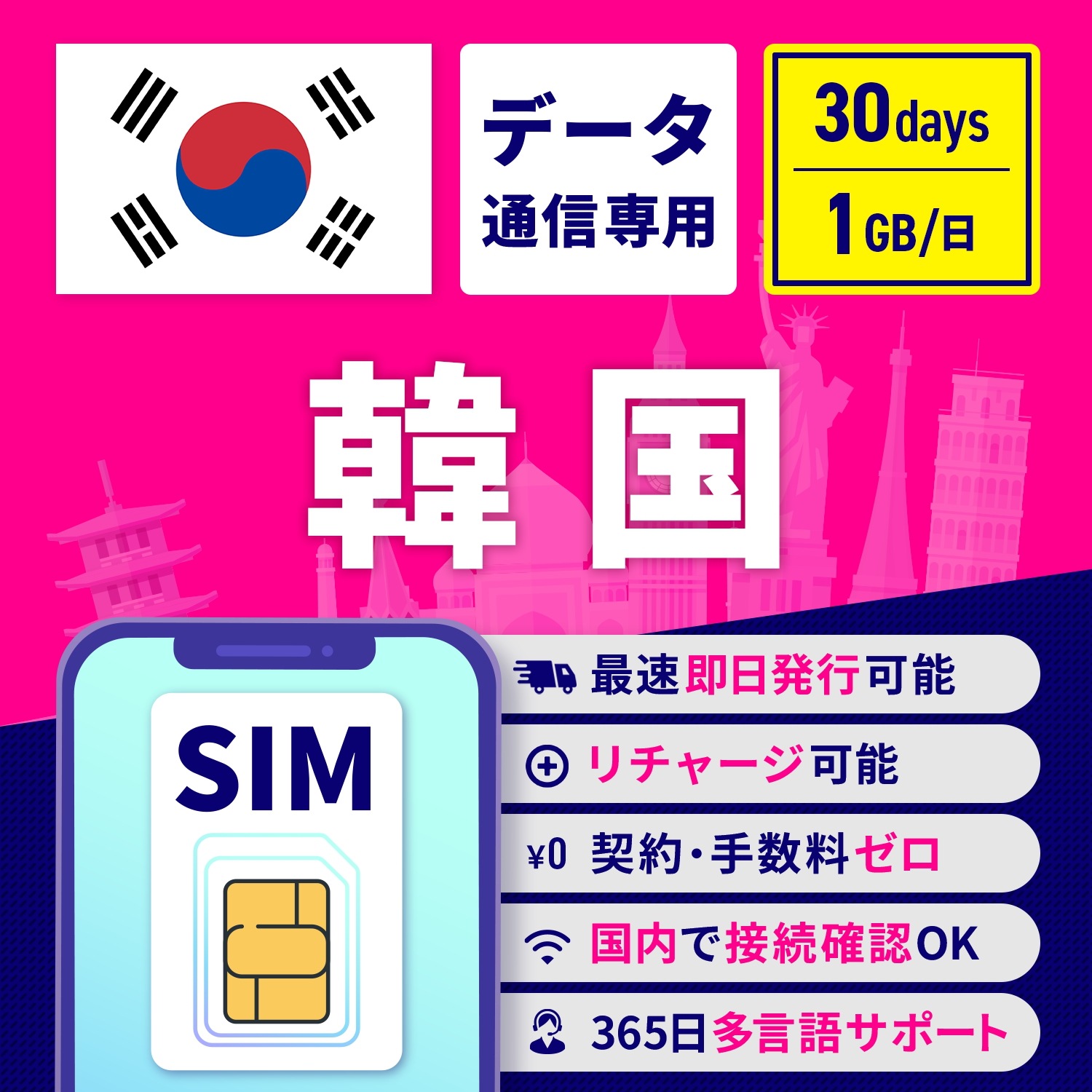 【韓国SIM 30日1GB 安心サポート・リチャージ可能】 SIMカード 韓国 30日間 1GB 高速データ通信 返金保証 テザリング可 残量確認可能 SIMフリー 留学 海外出張 海外旅行