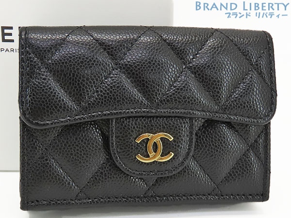 新品同様シャネルマトラッセキャビアスキンクラシックスモールフラップウォレット三つ折り財布コンパクト財布ブラック
