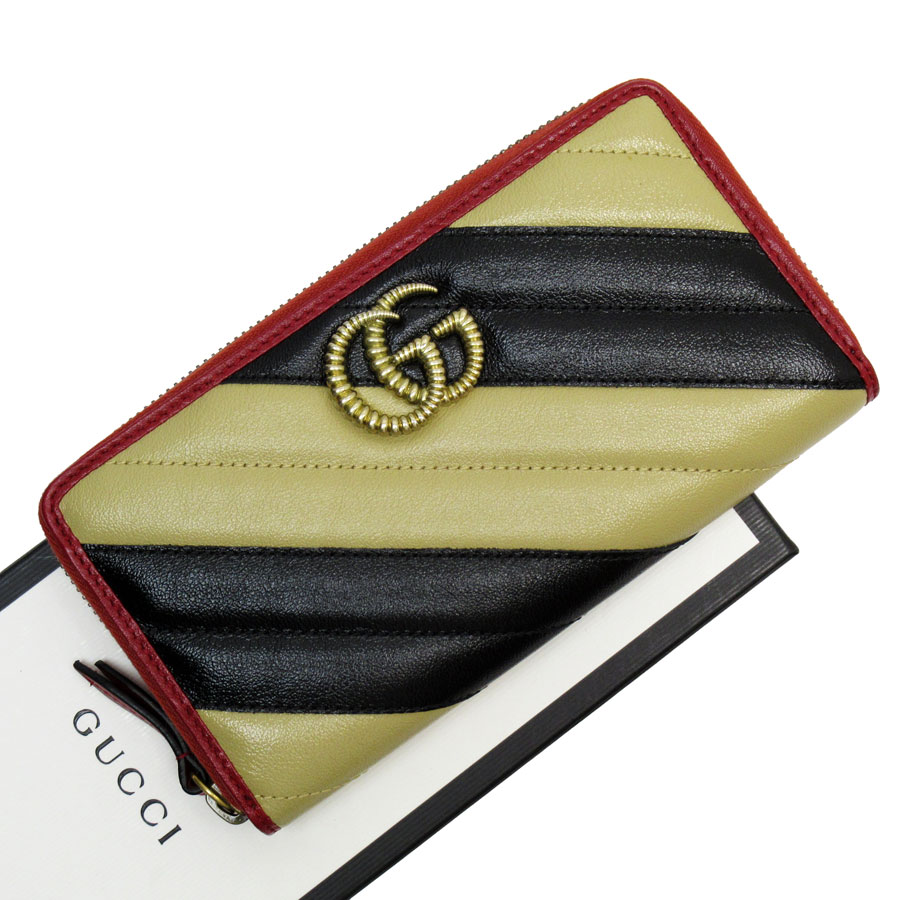 グッチ GUCCI ラウンドファスナー長財布 GGマーモント レザー ベージュ/ブラック ゴールド ユニセックス 573810 w0792a