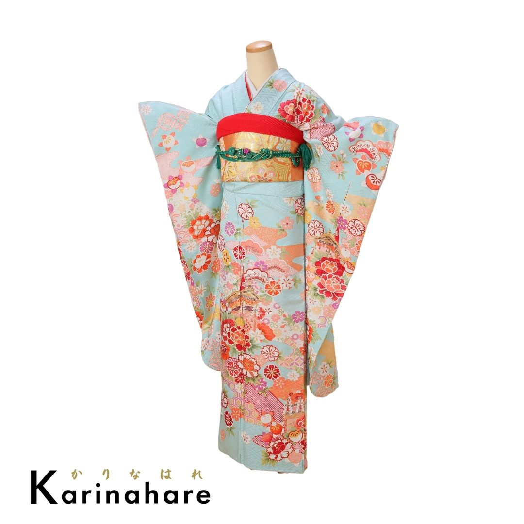 結婚式結納レンタル淡い水色の地に白やピンク鹿の子文様の道長取りと牡丹や菊の薬玉松竹梅や桜の花の丸毬が描かれた振袖F591-108