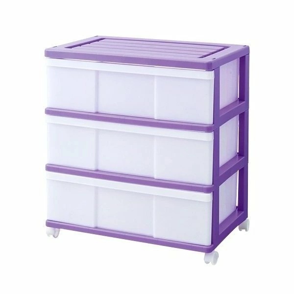 完成品 ワイドチェスト 収納ケース プラスチック 引き出し 3段 おしゃれ バイオレット キャスター