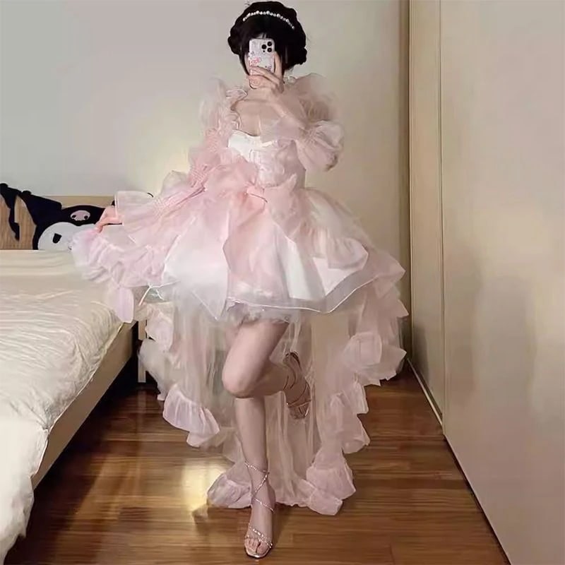 ドレス lolita 尾を引く ワンピース 洋服 重工業 プリンセス ポンポンスカート やせて見えるメガ割カラコンサンダル f Yt ハニーズ