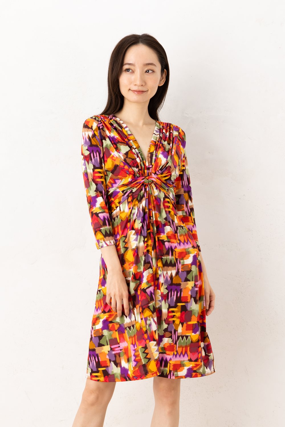 フィフィーユ(FIFILLES)ワンピース T1 T2 T3サイズ 七分袖 膝丈 Ｖネック 総柄 ジャージー生地 レディース フランス製 ワンピース オレンジ