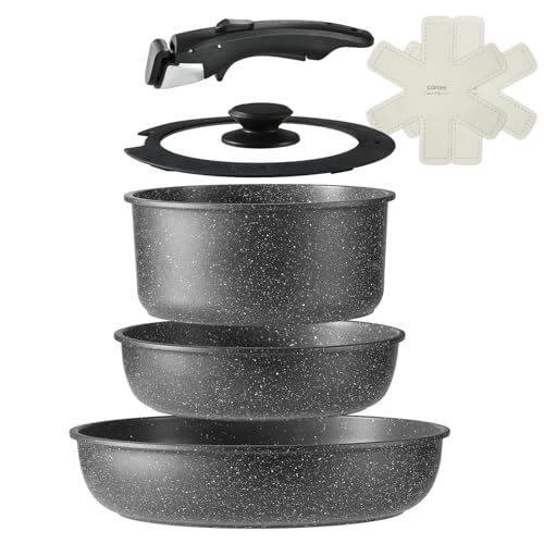 CAROTE カローテ フライパン セット 7点 IH·ガス火対応 PFOA PFOS フリー 鍋セット 取っ手のとれる 一人暮らしセット マーブルコート スルスルすべる くっつきにくい お手入れが簡