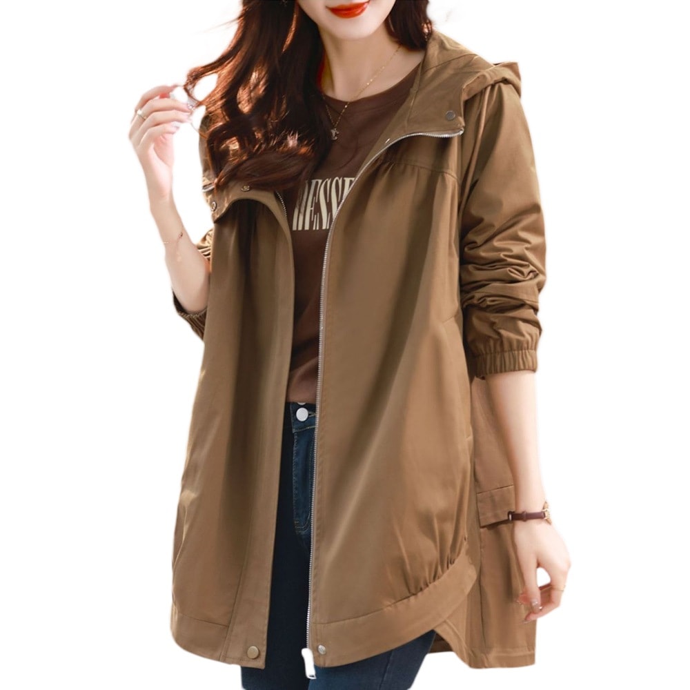 [最安値挑戦]！トレンチコート ジップアップ ジャケット 体型カバー ビッグシルエット アウター コート レイヤード風 フード付き 秋 レディース ジャケット