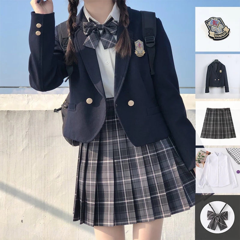 5点セット(ネイビーブレザー+スカート+リボン+ブラウス+バッチ) 入学式定番ブレザー制服スクールスウィートティーン ジャケットイベントチェックスカート就職活動面接アウターコート 卒業式