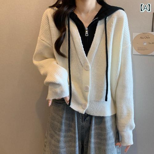 大きサイズ 女性 偽 ツーピース カジュアル セーター ショート コート 女性 春秋 フード 付き ニットカーディガン トップ