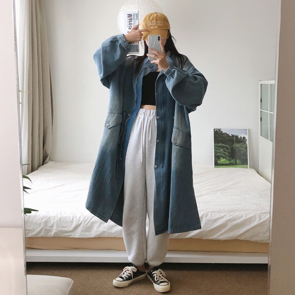 韓国ファッション オーバーフィット ハイネック ウエスト ストリング ジップアップ デニム ロング ミリタリー