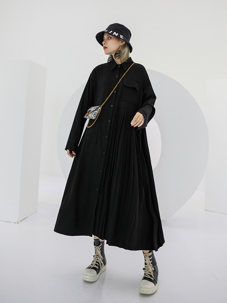 サイドプリーツシャツワンピース ロング ワンピース レディース 春 きれいめ モード系 シャツワンピ マキシワンピース 羽織り 長袖 襟付き プリーツ アシンメトリー 無地 体型カバー 通勤 オフィス