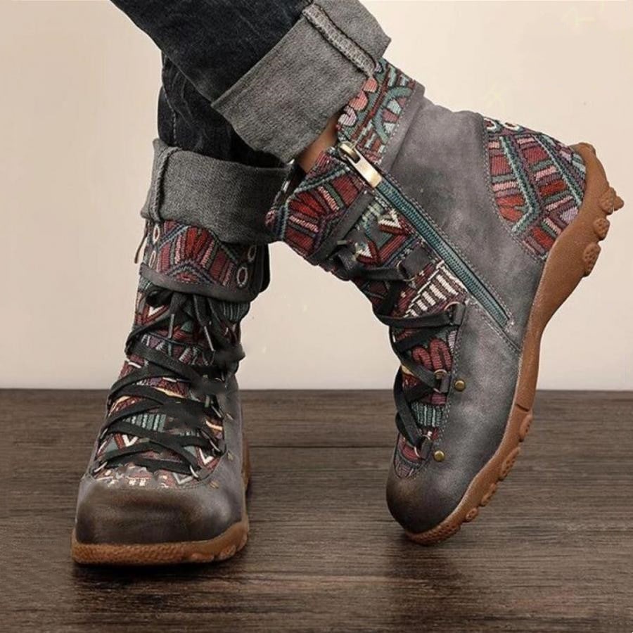 超人気厚底ブーツ編み上げミドル丈ブーツエスニックアジアンファッションアジアン雑貨ゴア民族刺繍フラットブーツ編み上げレースアップミドル丈ヒモ