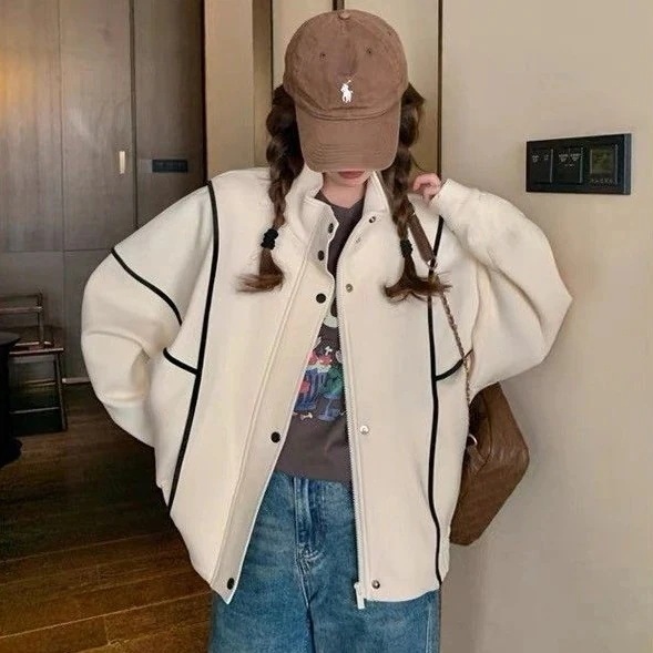 2025秋の今流行カジュアル立ち襟ジャケットファッションゆったり韓レディースアウター